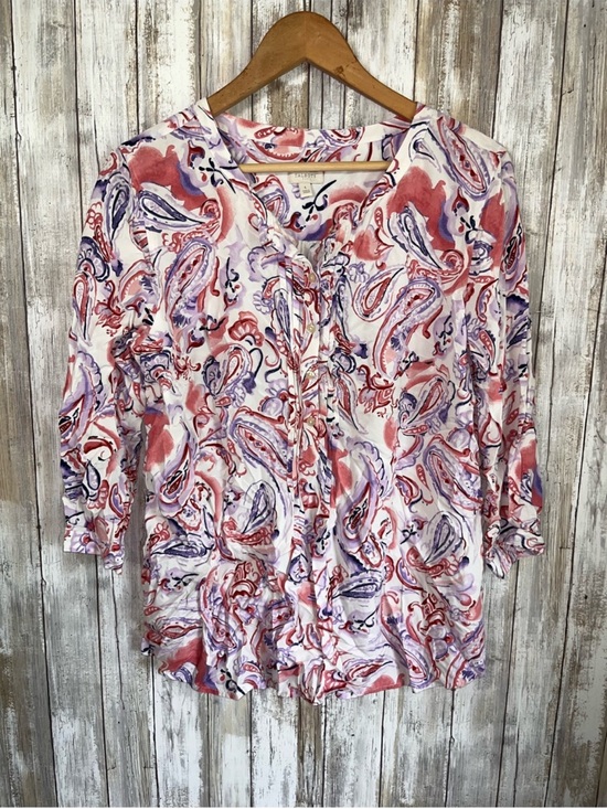 Talbots Tops - Talbots Large Watercolor Paisley Ruffle Button Front Blouse Pink Purple